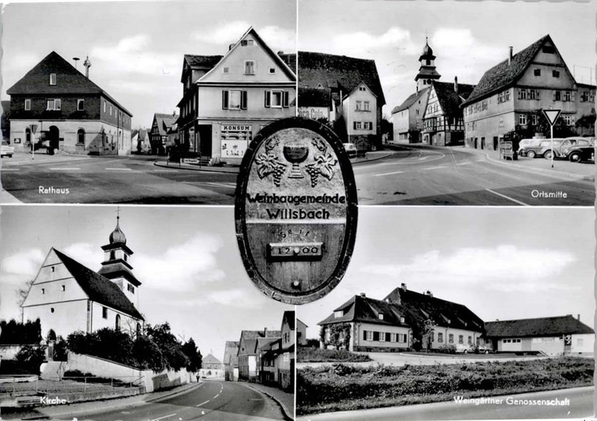 Obersulm. Willsbach - Rathaus, Ortsmitte, Kirche, Weingärtner Genossenschaft