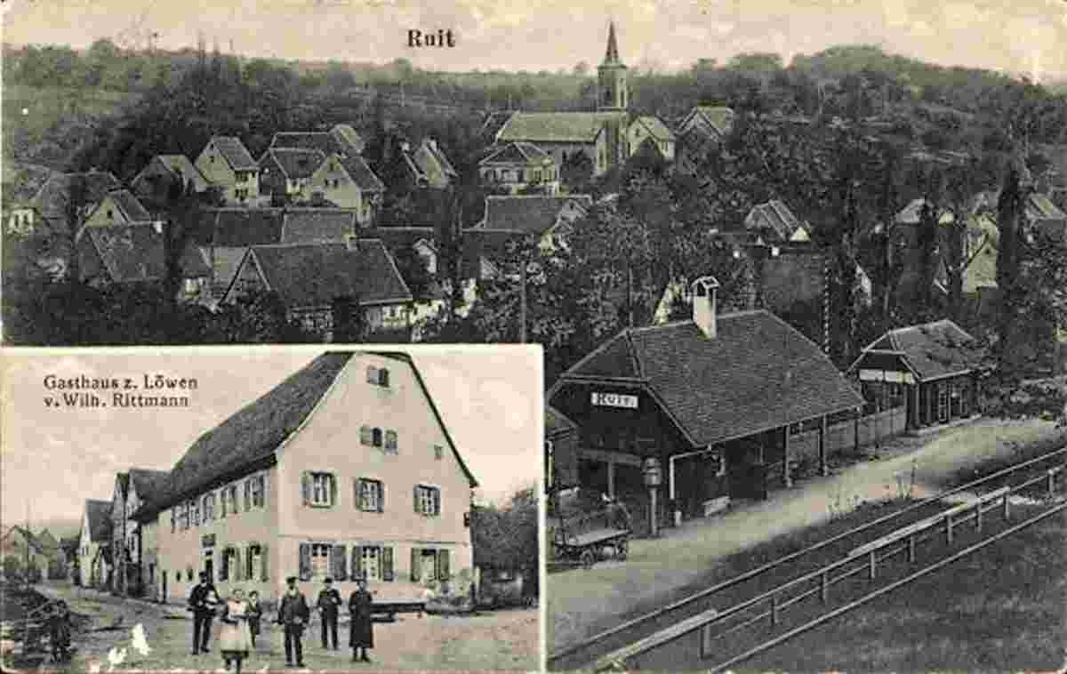 Ostfildern. Ruit - Gasthaus zum Löwen von Wilhelm Rittmann, Blick auf der Stadt mit Bahnhof