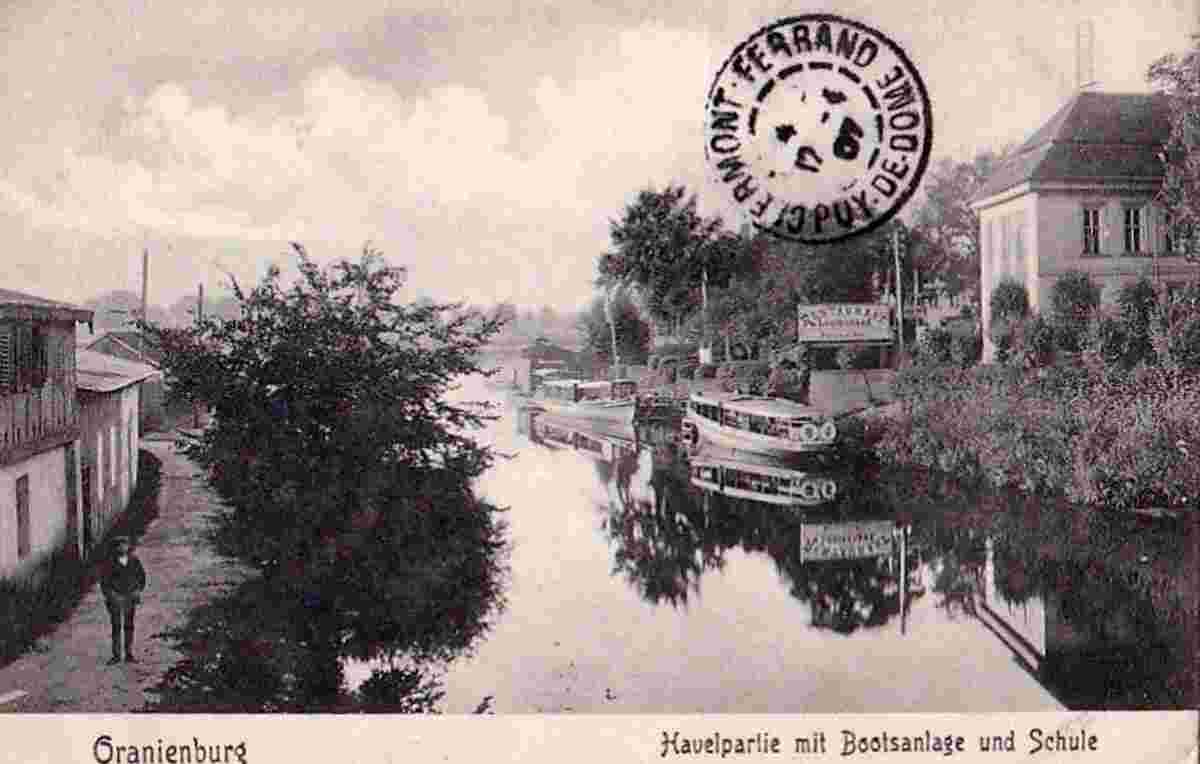 Oranienburg. Haven mit Bootsanleger und Schule, Restaurant, 1907