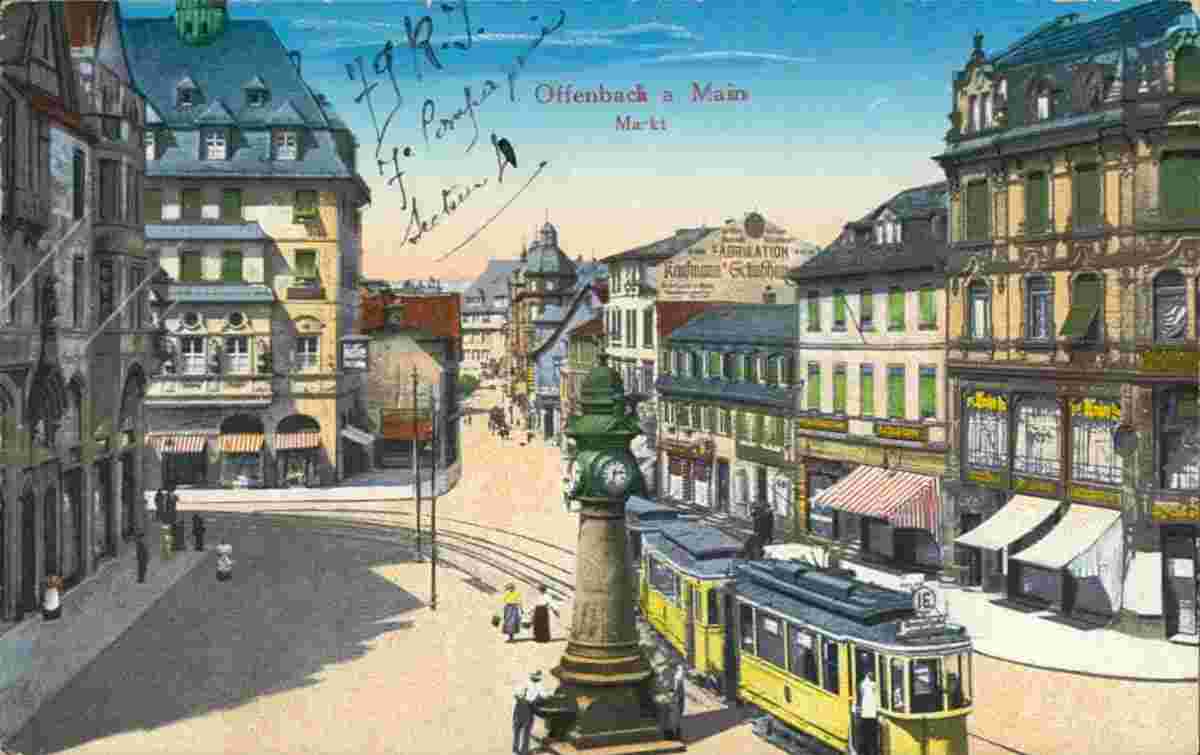 Offenbach am Main. Markt, Stadtuhr, Straßenbahn Linie 16, um 1920