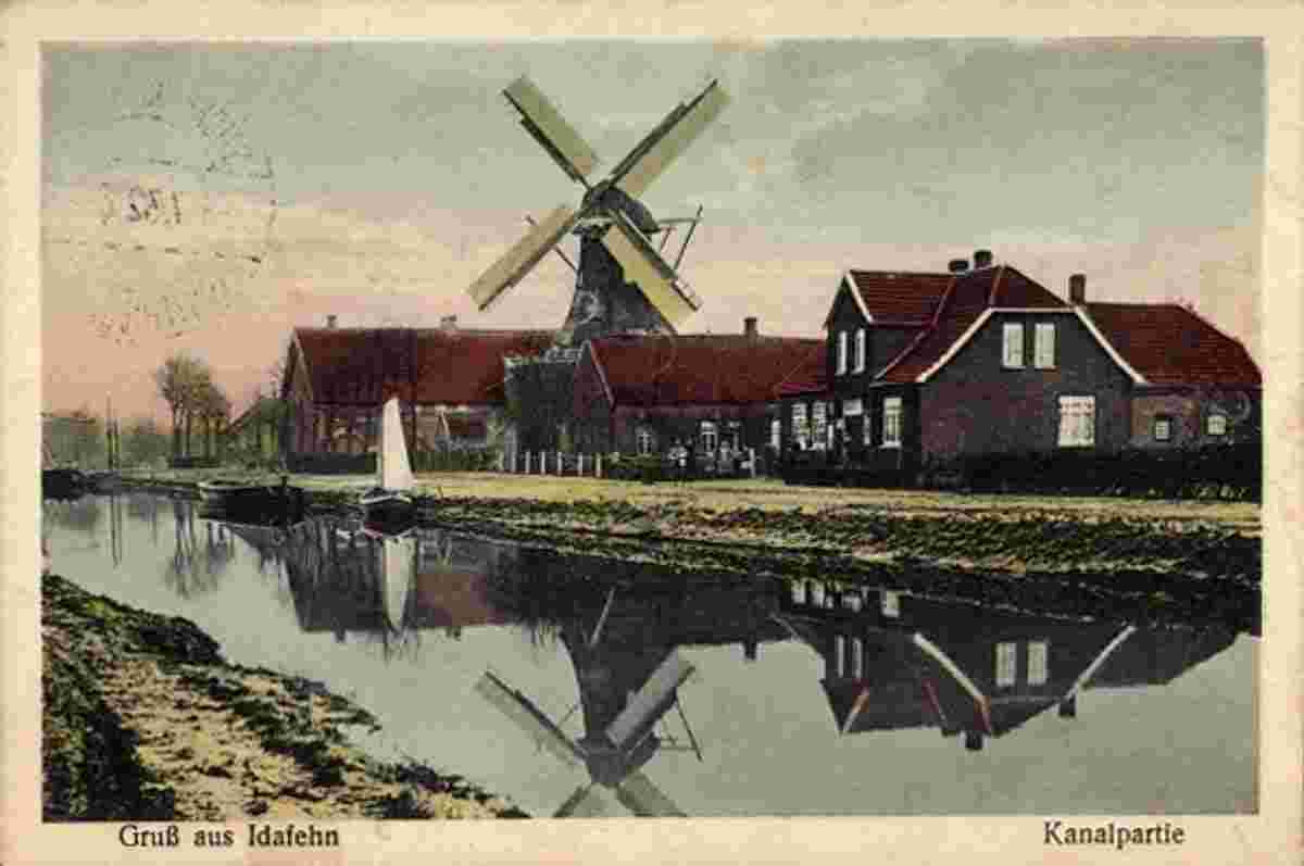 Ostrhauderfehn. Idafehn - Kanal mit Blick auf Windmühle, 1932