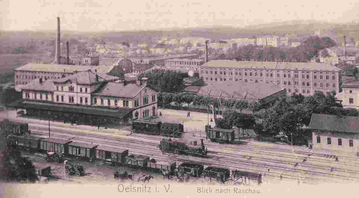 Oelsnitz (Vogtland). Bahnhof, Blick nach Raschau, um 1910
