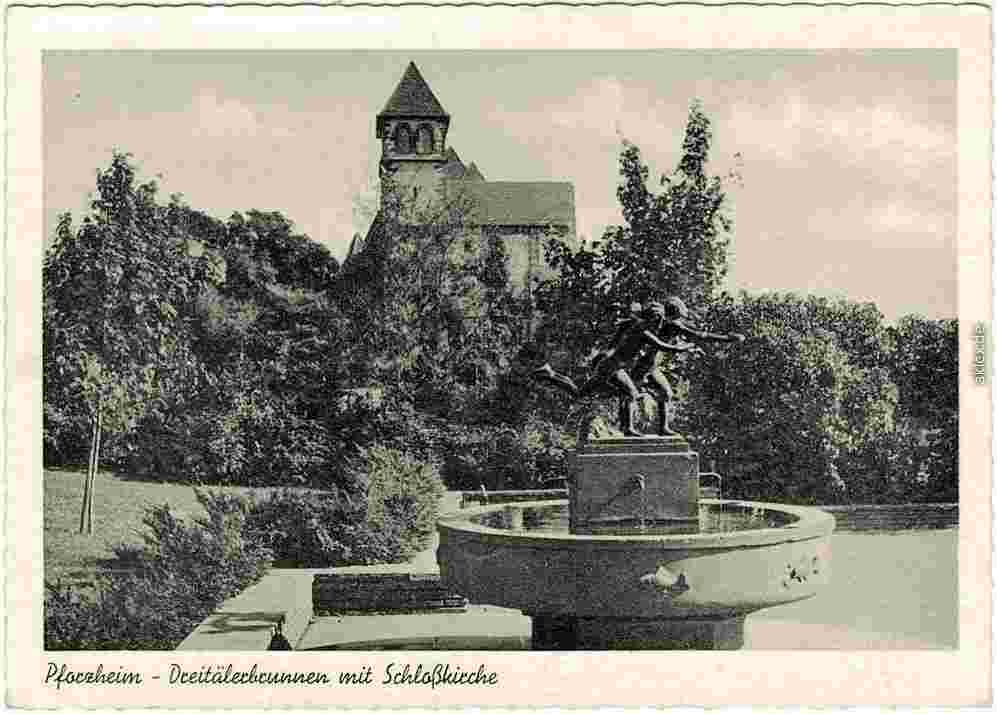 Pforzheim. Dreitälerbrunnen mit Schloßkirche, 1956