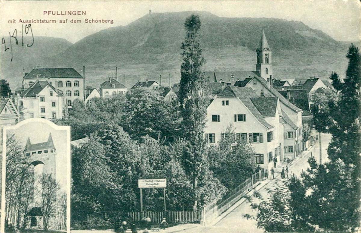 Panorama von Pfullingen mit Aussichtsturm auf dem Schönberg, 1909