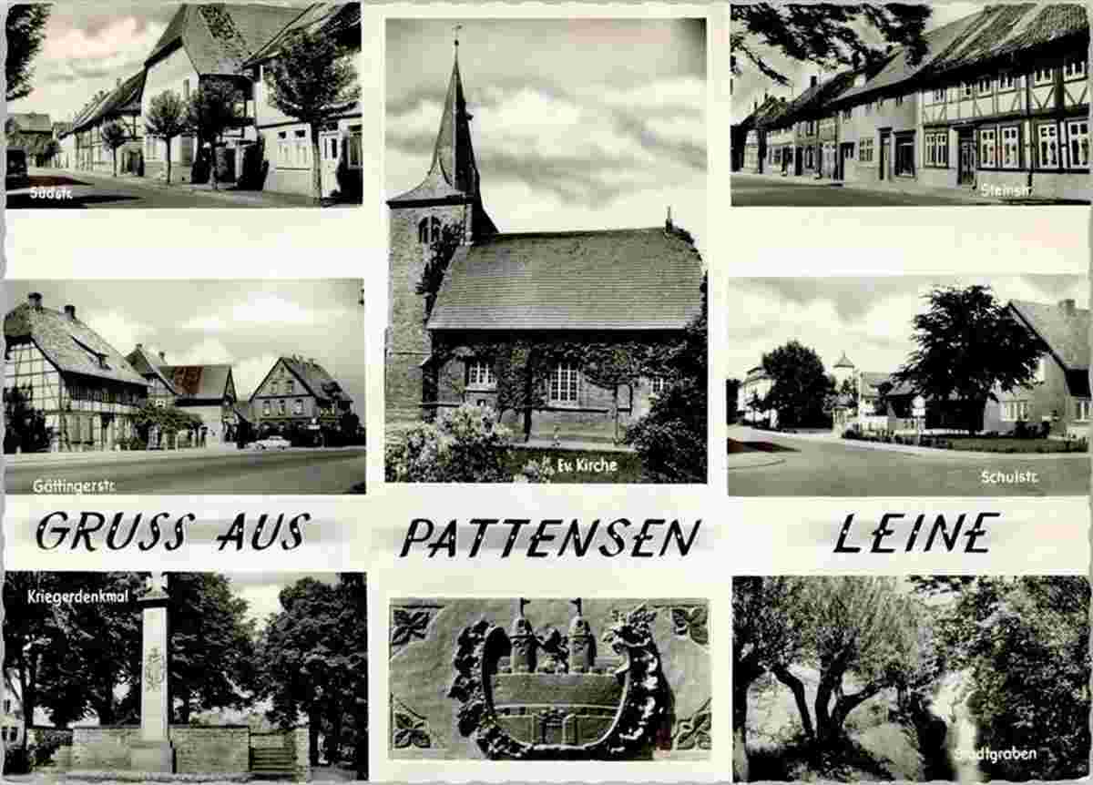 Pattensen. Evangelische Kirche, Kriegerdenkmal, Südstraße, Steinstraße, Göttinger Straße, Schulstraße