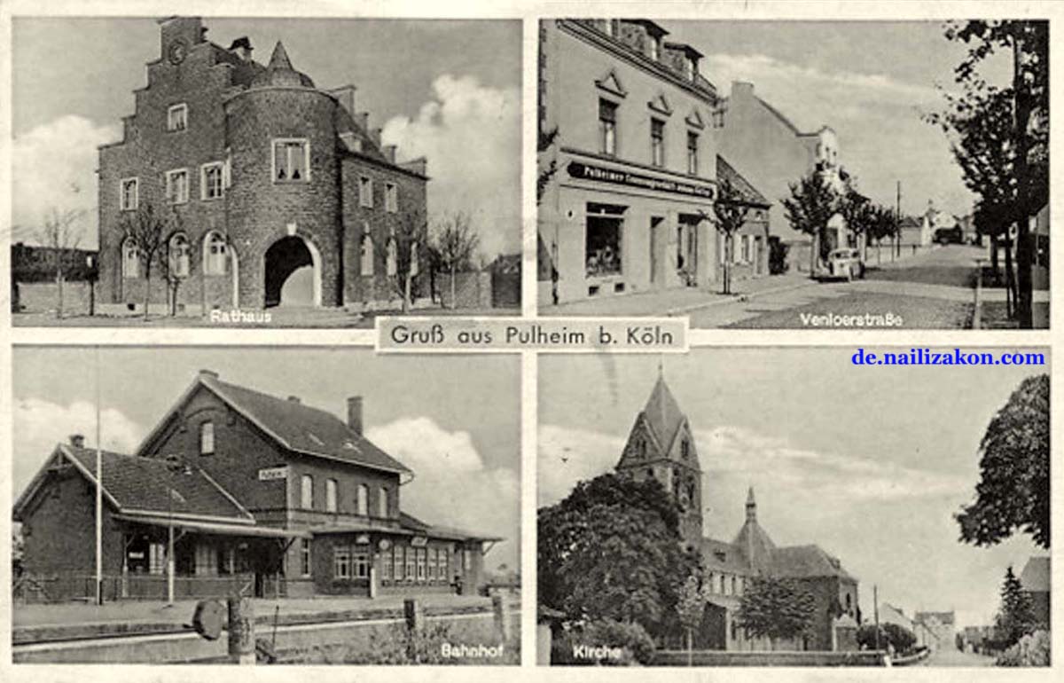 Pulheim. Bahnhof, Rathaus, Kirche und Venloer Straße