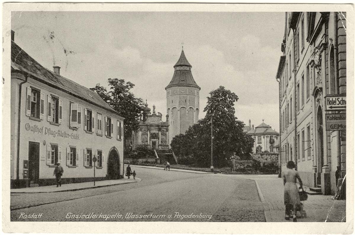 Rastatt. Einsiedlerkapelle, Wasserturm und Pavillon Pagodenburg, 1943