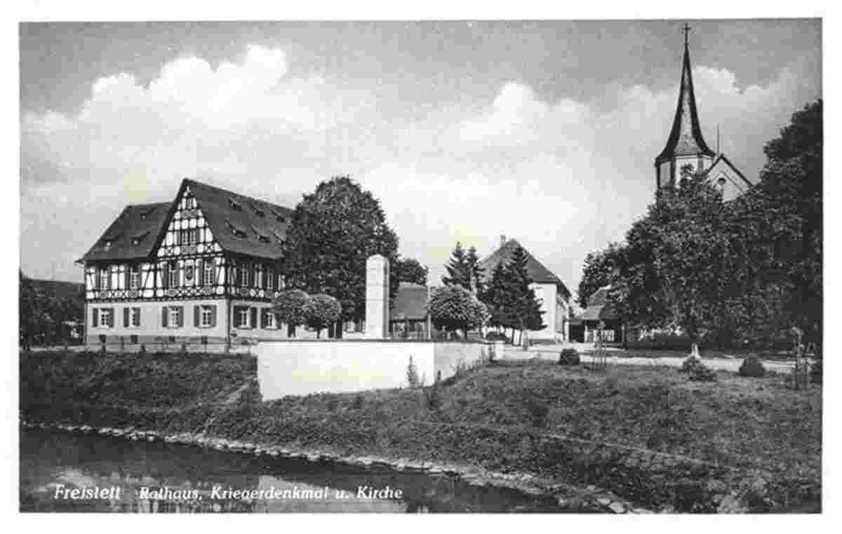 Rheinau. Freistett - Rathaus, Kriegerdenkmal und Kirche
