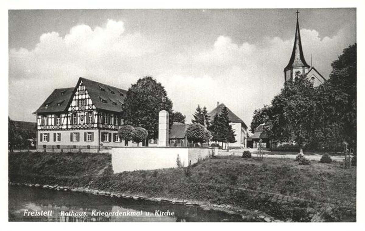 Rheinau (Ortenaukreis). Freistett - Rathaus, Kriegerdenkmal und Kirche