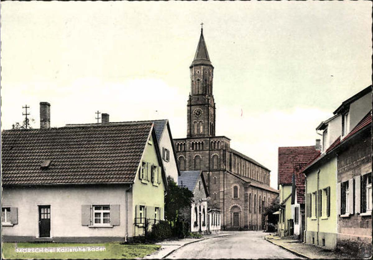 Rheinstetten. Mörsch - Panorama von Straße mit Kirche