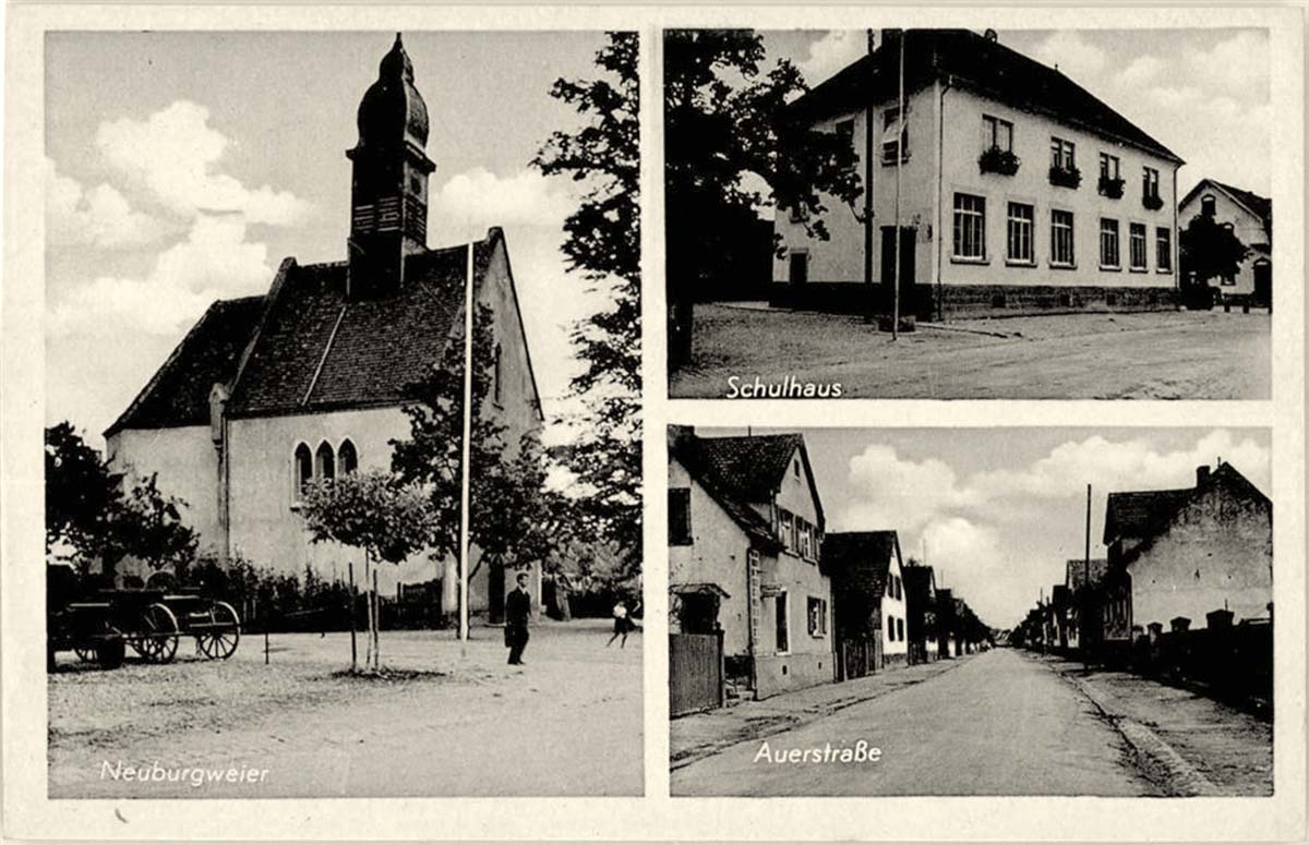 Rheinstetten. Neuburgweier - Kirche, Auer Straße, Schulhaus