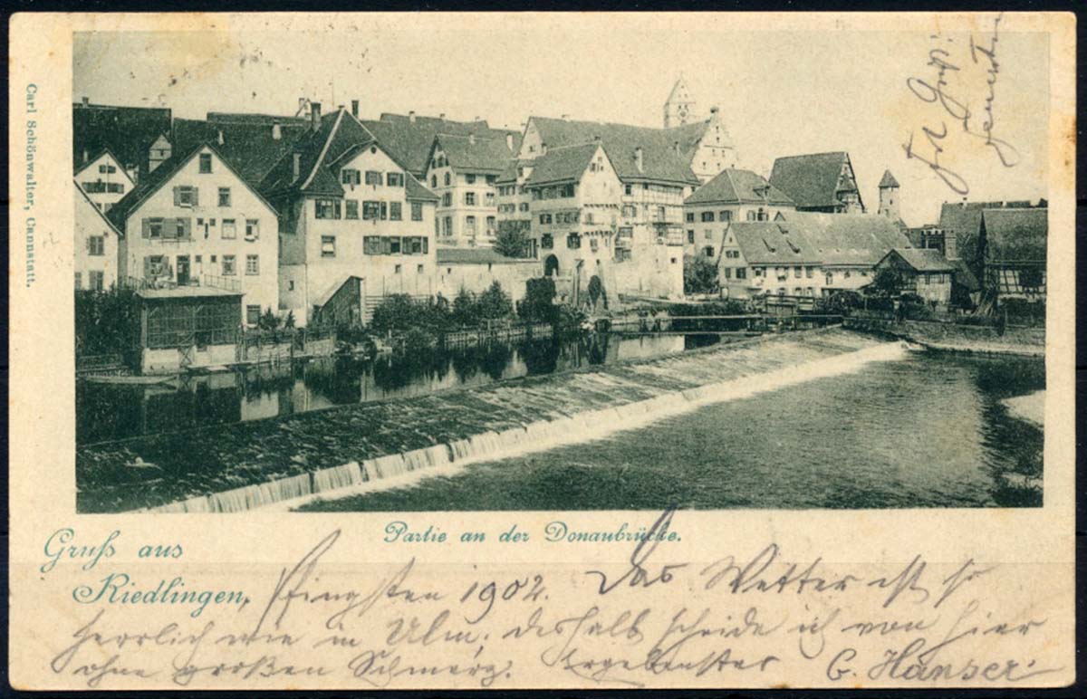 Riedlingen. Panorama von Stadt und Brücke über Donau, 1902