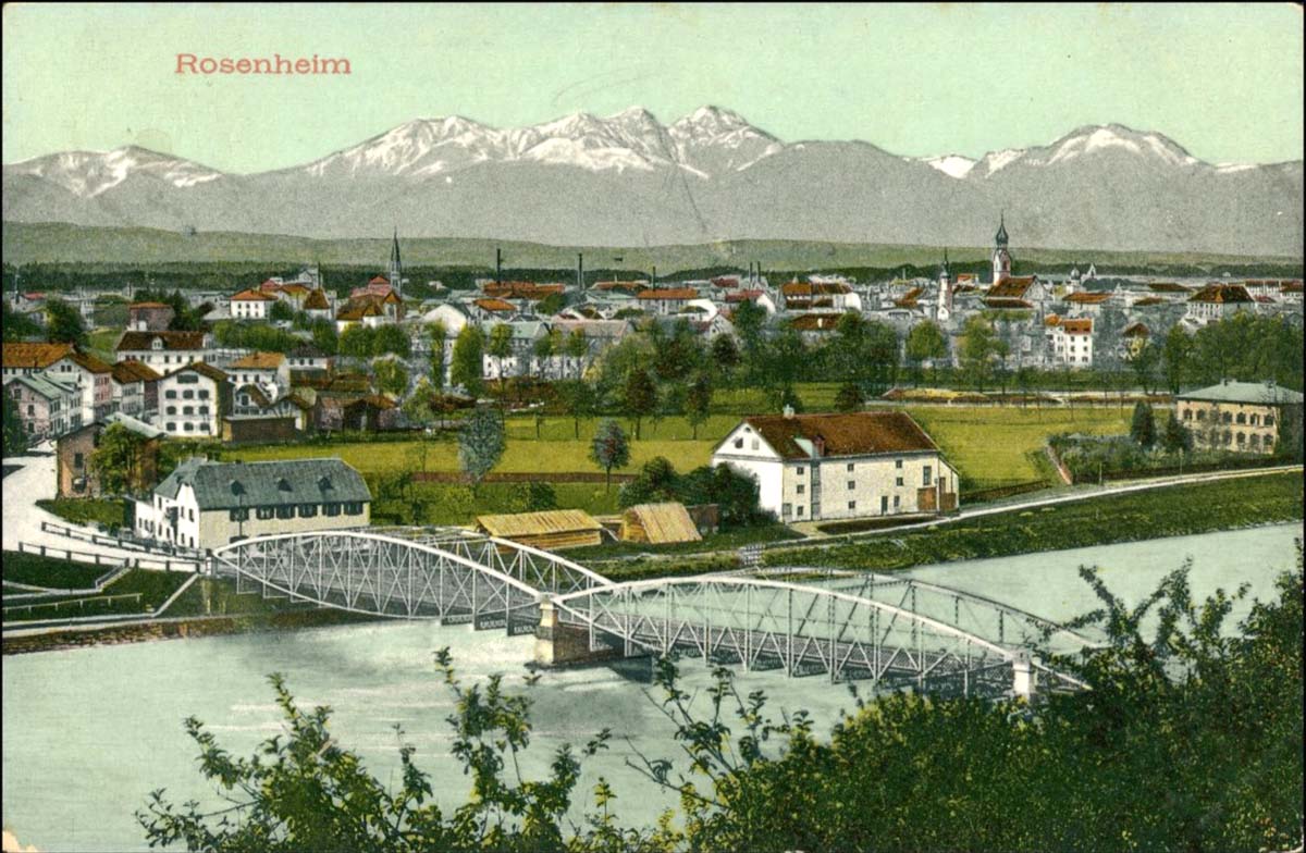 Rosenheim. Blick auf die Stadt und Brücke, 1909