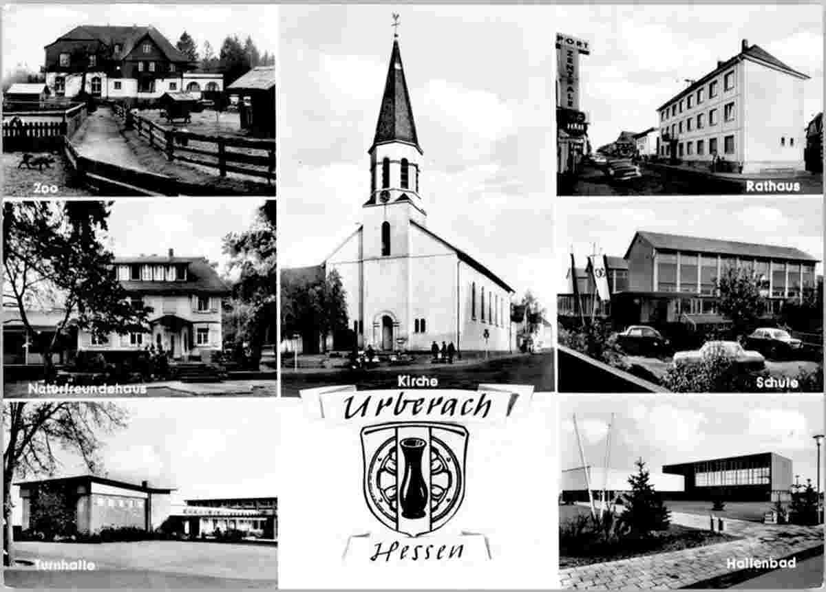 Rödermark. Urberach - Zoo, Kirche, Rathaus, Naturfreundehaus, Schule, Turnhalle und Hallenbad, 1977