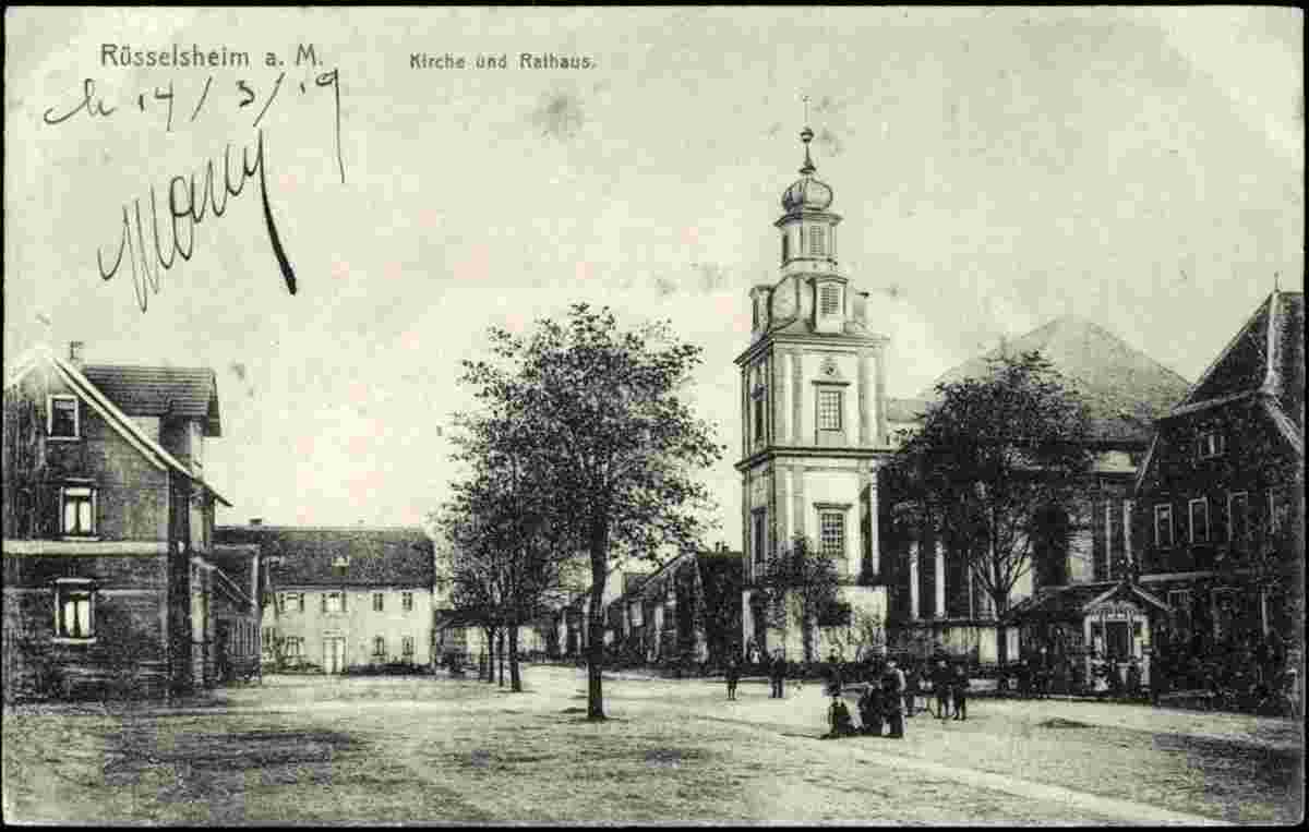 Rüsselsheim am Main. Kirche und Rathaus, 1919