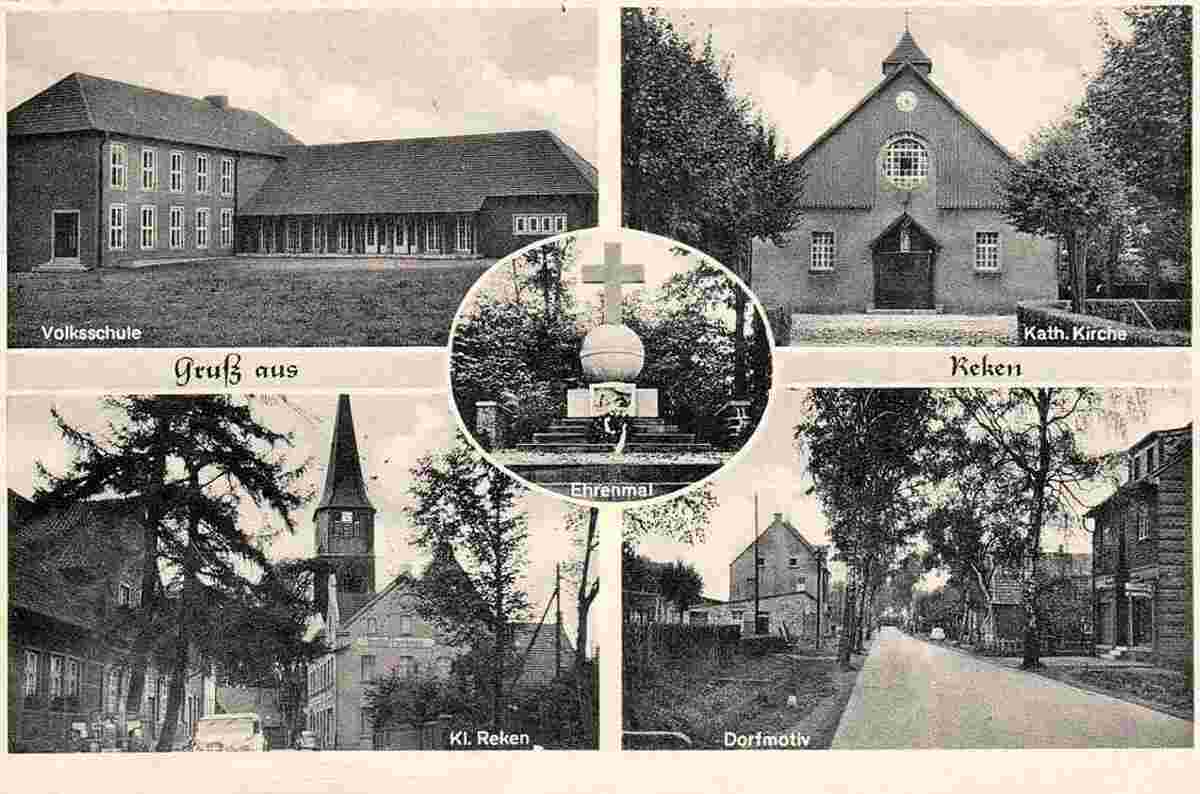 Reken. Volksschule, Katholische Kirche, Klein Reken, Dorfstraße, Ehrenmal, 1957