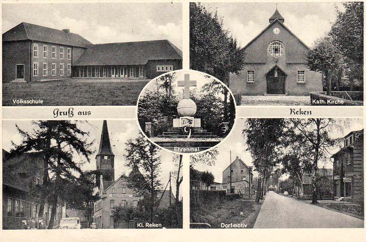 Volksschule, Katholische Kirche, Klein Reken, Dorfstraße, Ehrenmal, 1957