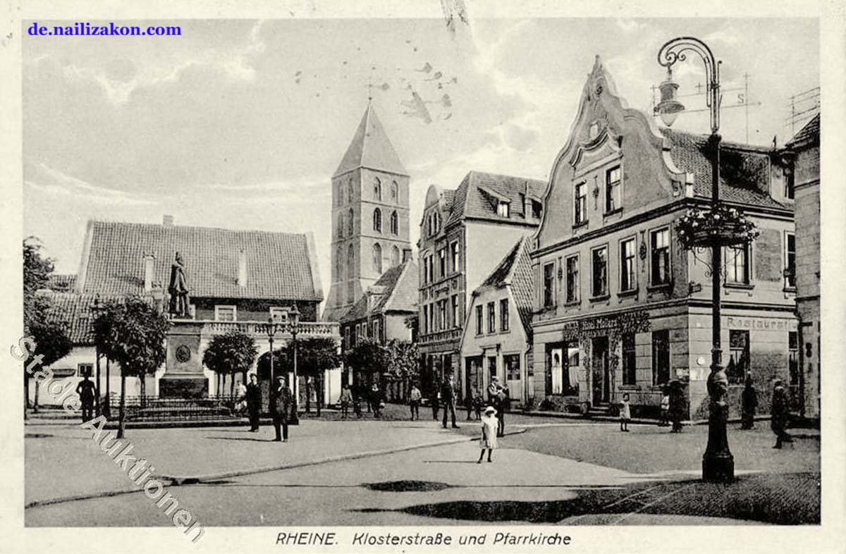 Rheine. Pfarrkirche, Hotel und Kaiser Wilhelm Denkmal am Klosterstraße