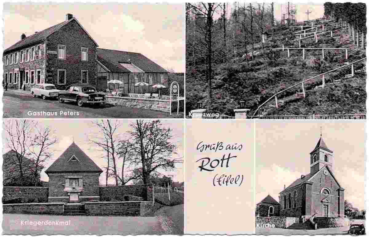 Roetgen. Rott - Gasthaus Peters, Kriegerdenkmal, Kirche, Kreuzweg