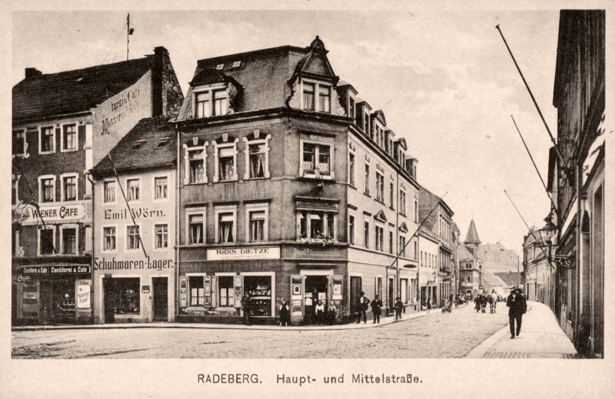 Radeberg. Geschäfte am Haupt- und Mittelstraße, 1928
