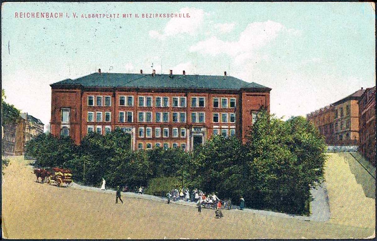 Reichenbach im Vogtland. Albertplatz mit II. Bezirksschule, 1910