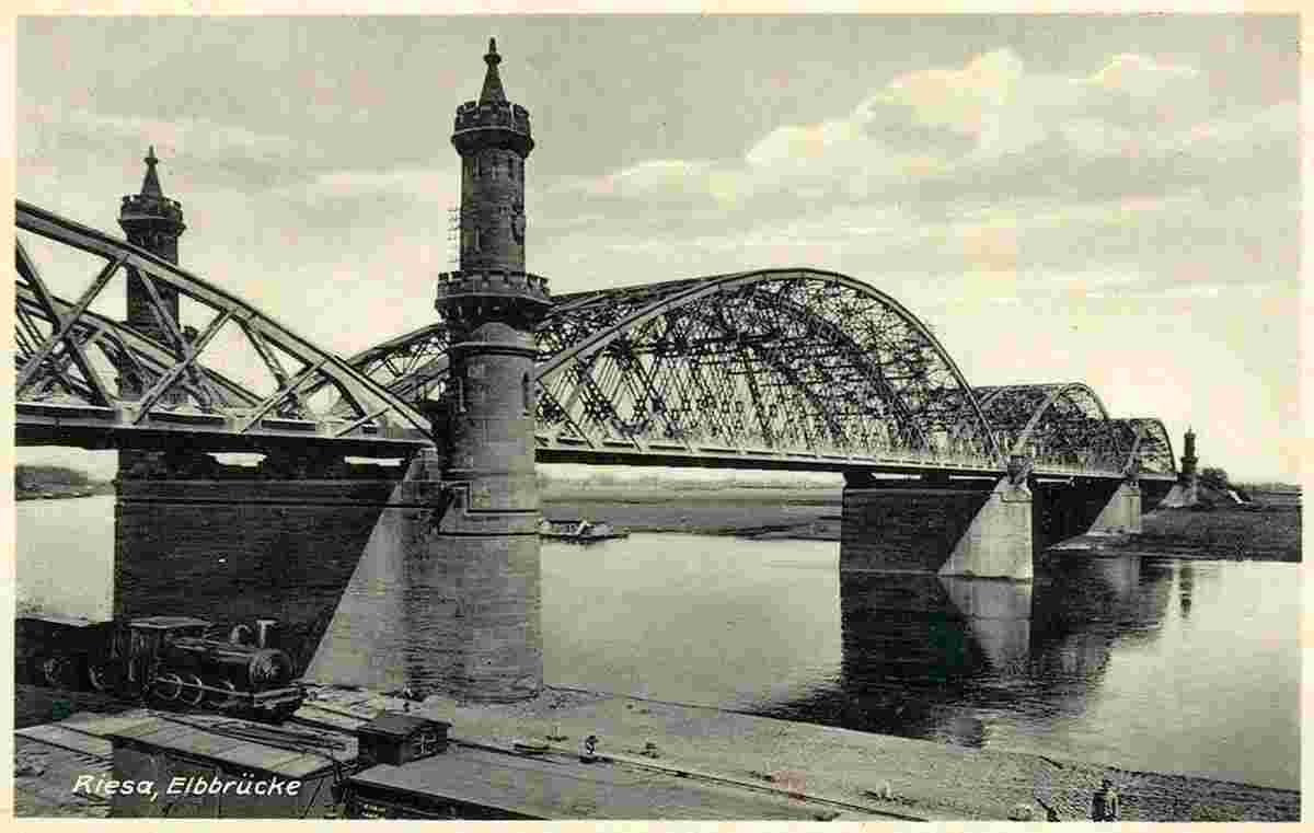 Riesa. Elbebrücke mit Dampflokomotive, 1933