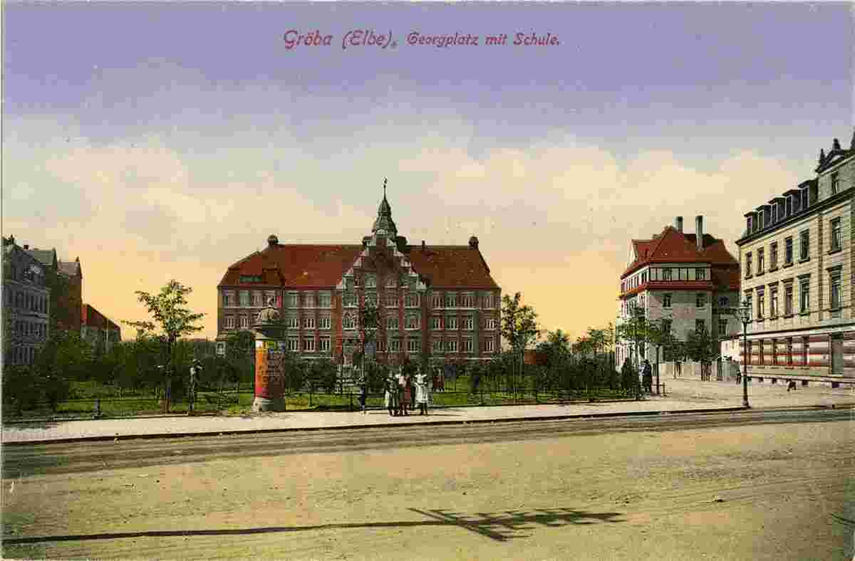 Riesa. Georgplatz, Schule und Litfaßsäule, 1913
