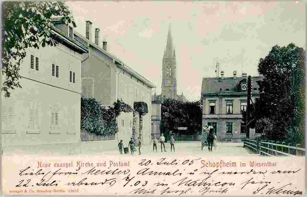 Schopfheim. Neue evangelische Kirche und Postamt, 1905