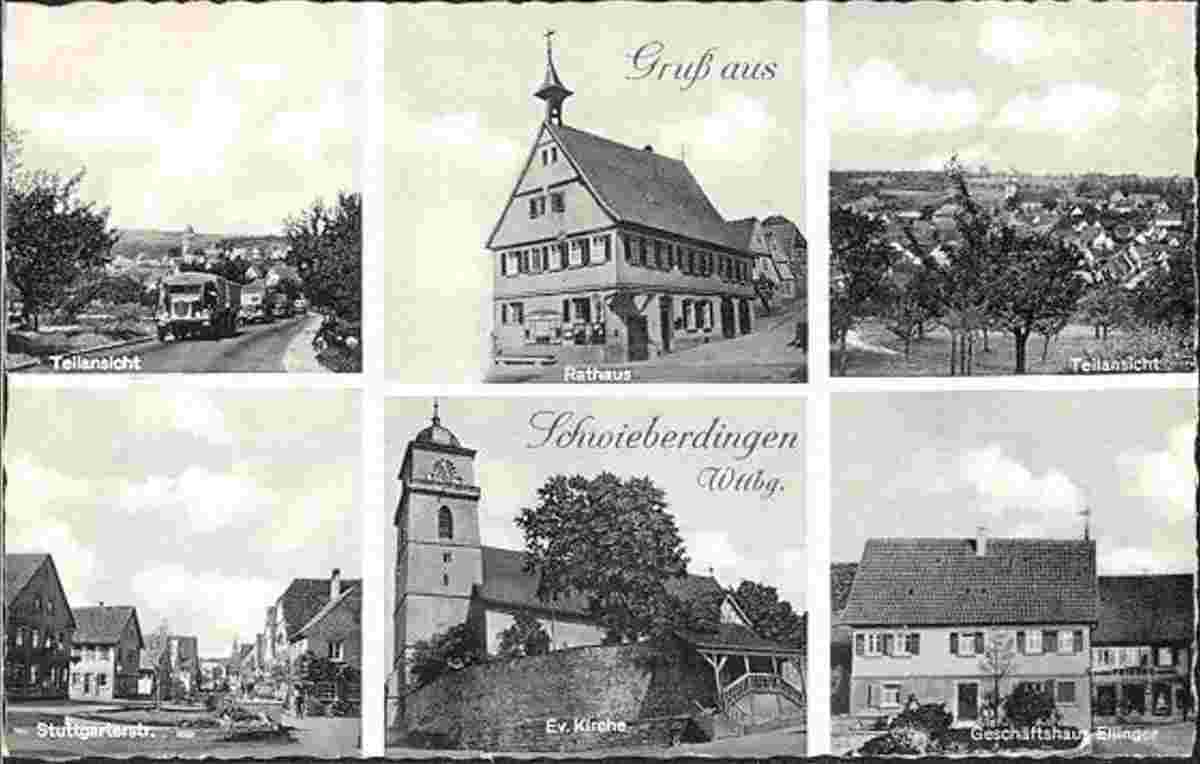 Schwieberdingen. Stuttgarter Straße, Geschäftshaus Ellinger, Rathaus und Evangelische Kirche