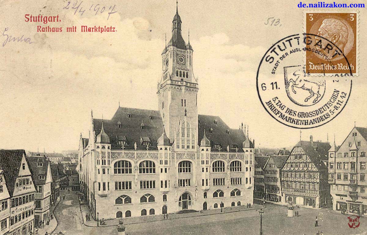 Stuttgart. Rathaus mit Marktplatz, 1907