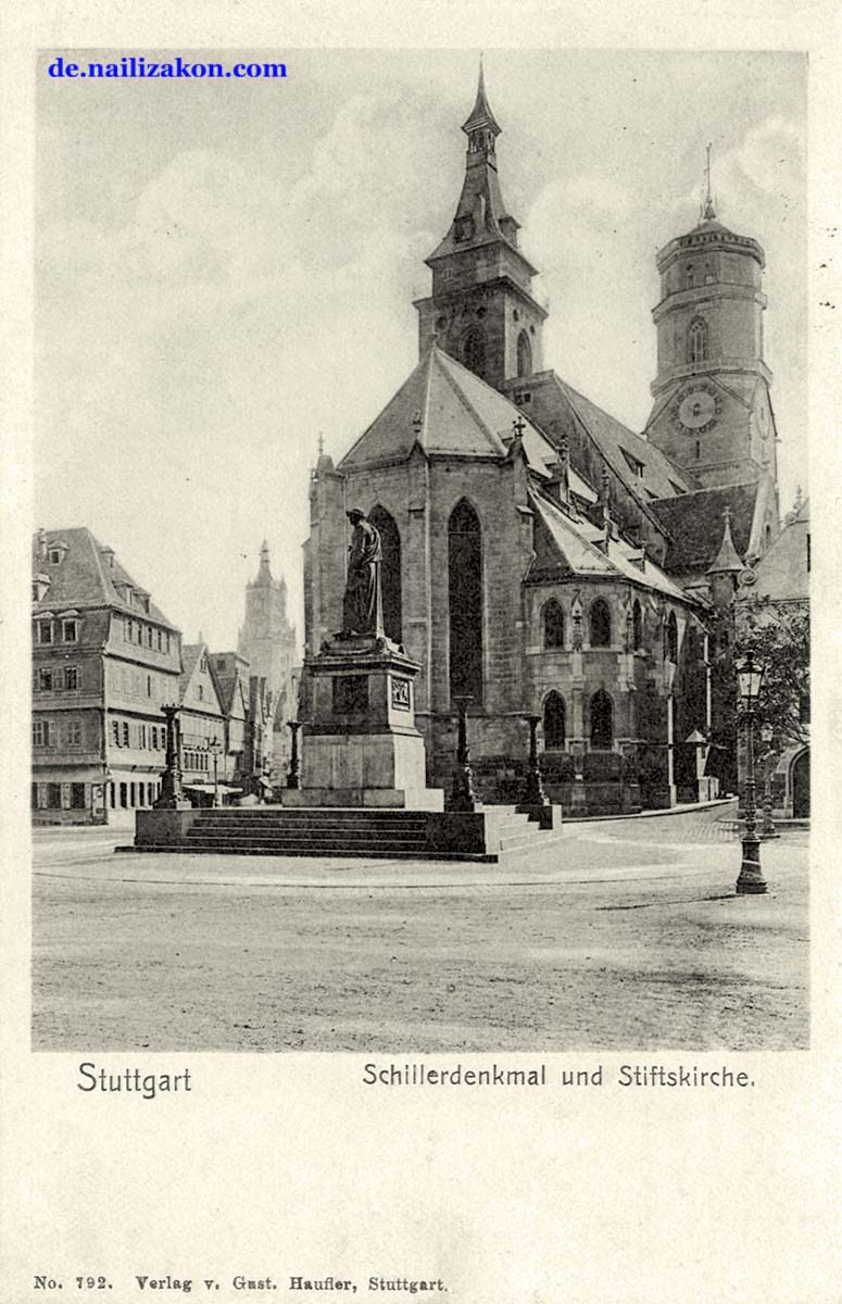 Stuttgart. Schillerdenkmal und Stiftskirche, 1907