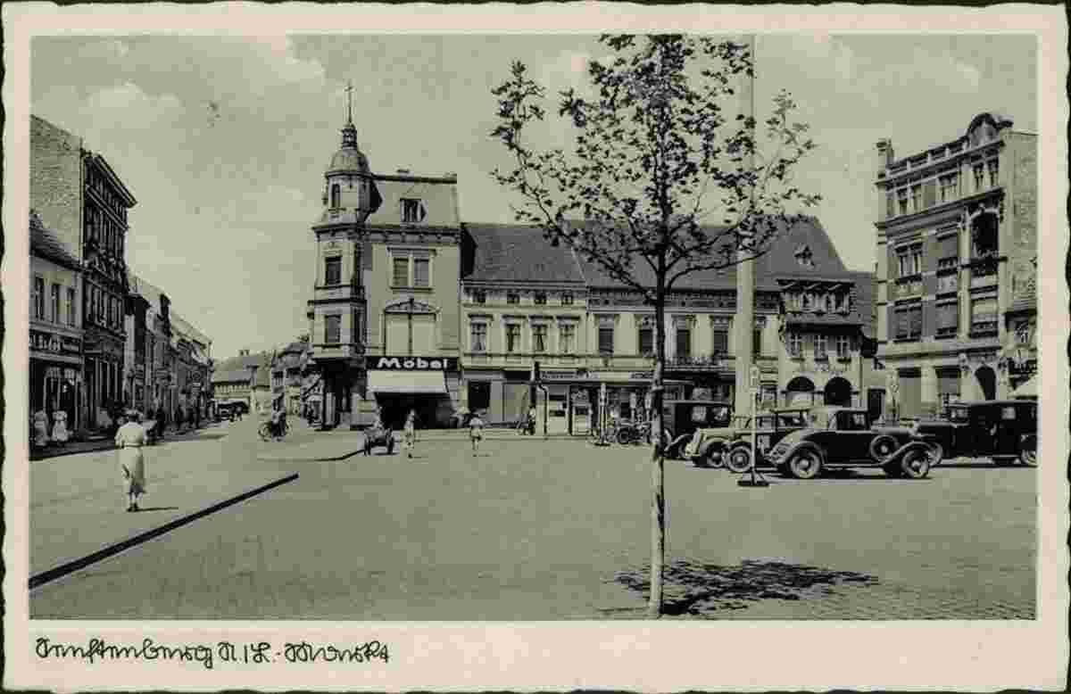 Senftenberg. Blick zur Kreuzgasse, Markt, Möbelgeschäft, 1934