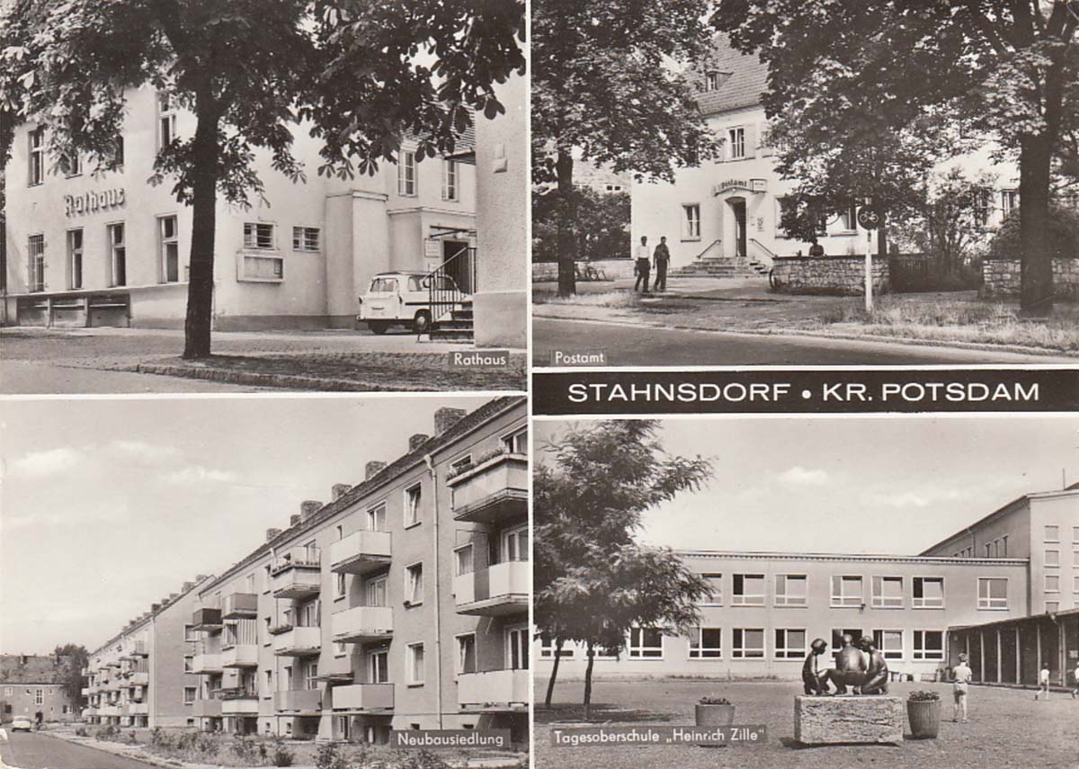Stahnsdorf. Rathaus, Postamt, Neubausiedlung und Tagesoberschule 'Heinrich Zille'