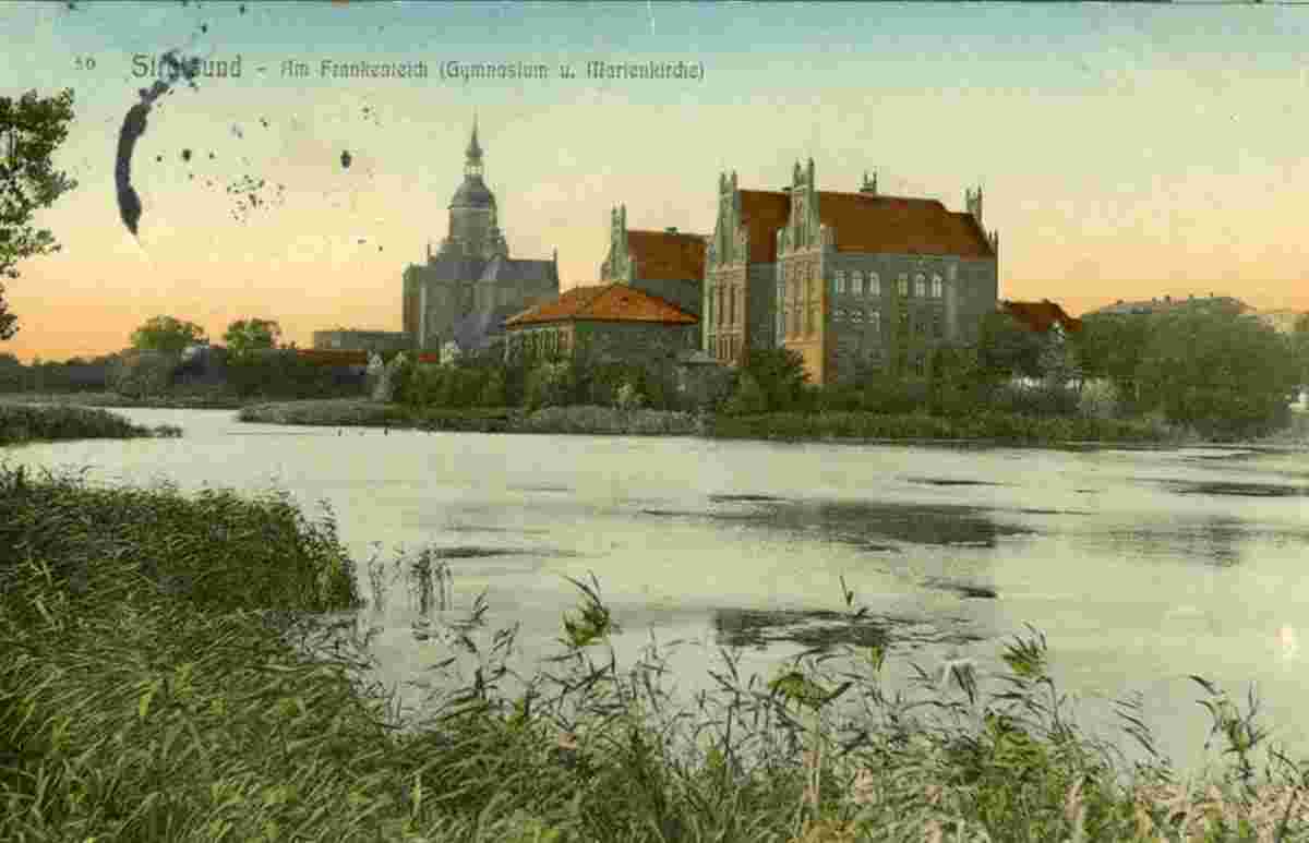 Stralsund. Frankenteich, Gymnasium und Marienkirche, 1914