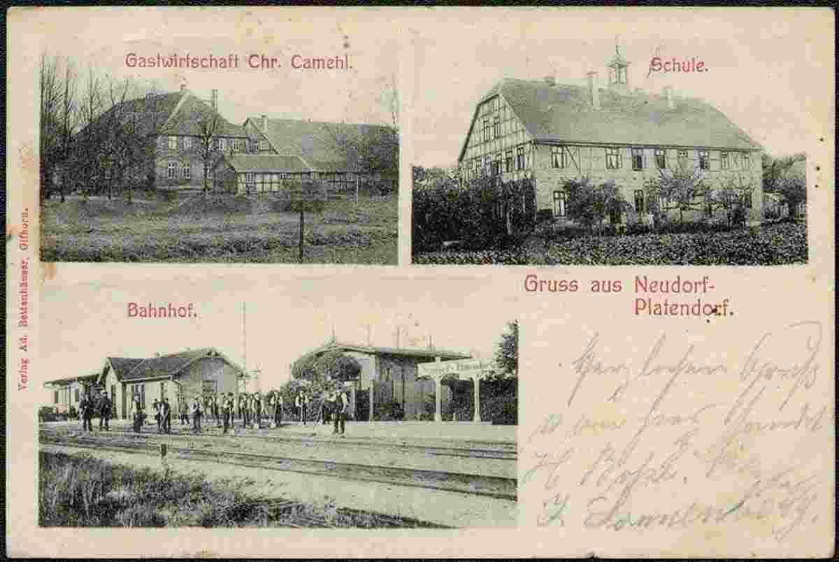 Sassenburg. Neudorf-Platendorf - Gastwirtschaft, Bahnhof, Schule, 1905