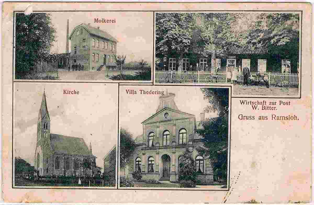 Saterland. Ramsloh - Molkerei, Kirche, Wirtschaft zur Post von W. Bitter, Villa Thedering, 1909