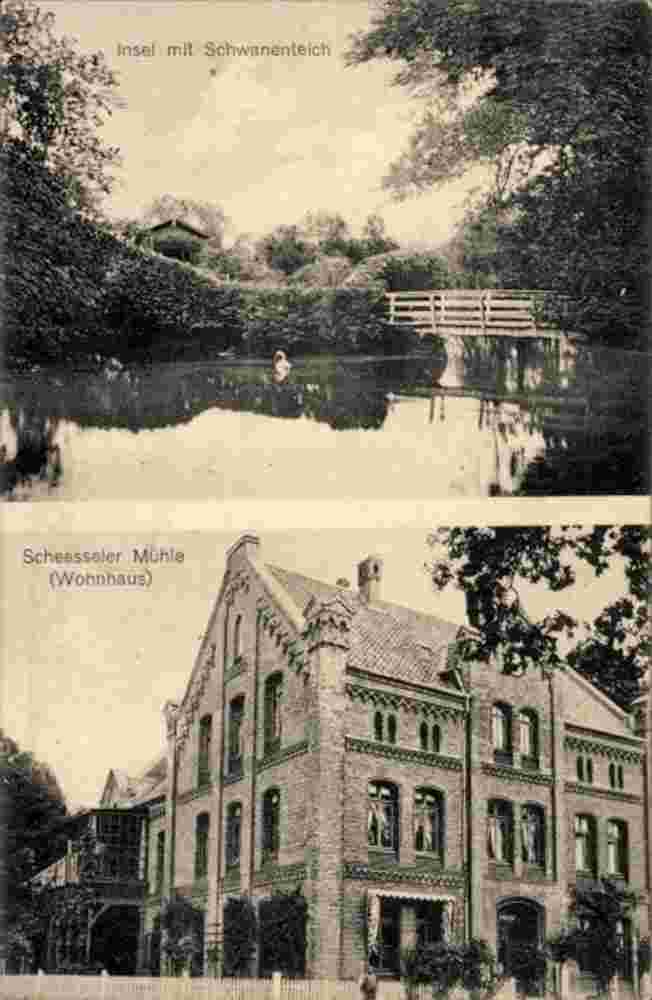 Scheeßel. Insel mit Schwanenteich, Scheeßeler Mühle - Wohnhaus, 1912