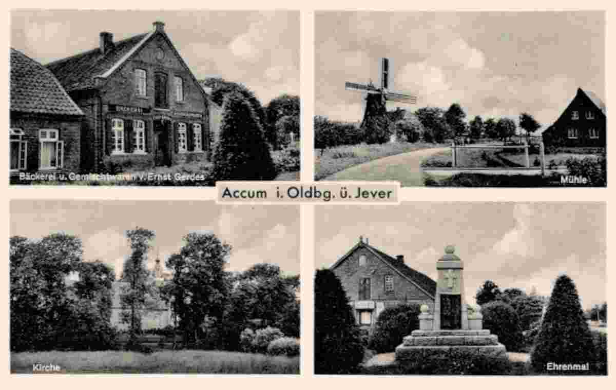 Schortens. Accum - Geschäft E. Gerdes, Ehrenmal, Kirche, Windmühle