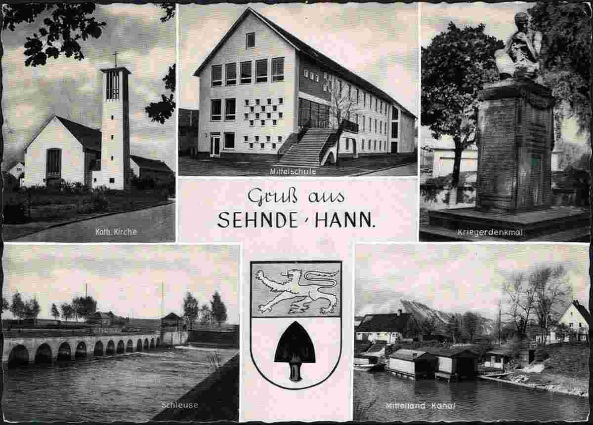 Sehnde. Katholische Kirche, Mittelschule, Schleuse, Kriegerdenkmal und Mittelland-kanal, 1971