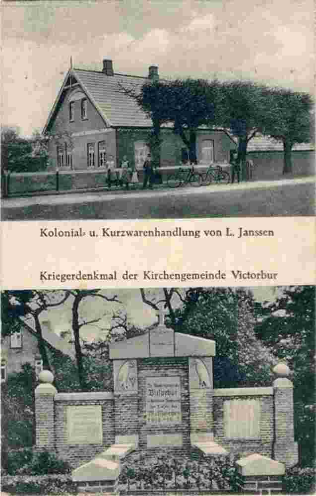 Südbrookmerland. Victorbur - Kriegerdenkmal, Geschäft Kolonial und Kurzwarenhandlung von L. Janssen, 1928