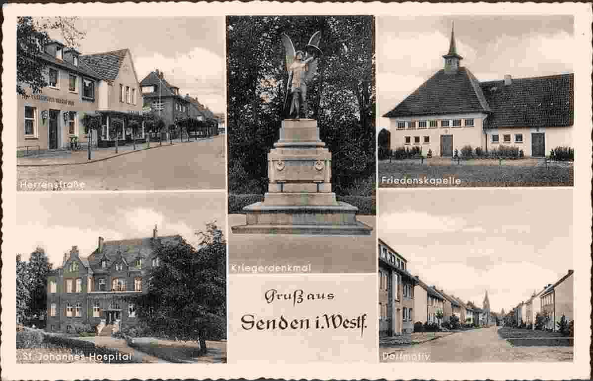 Senden. Kriegerdenkmal, Friedenskapelle, Hospital, Herrenstraße, um 1955