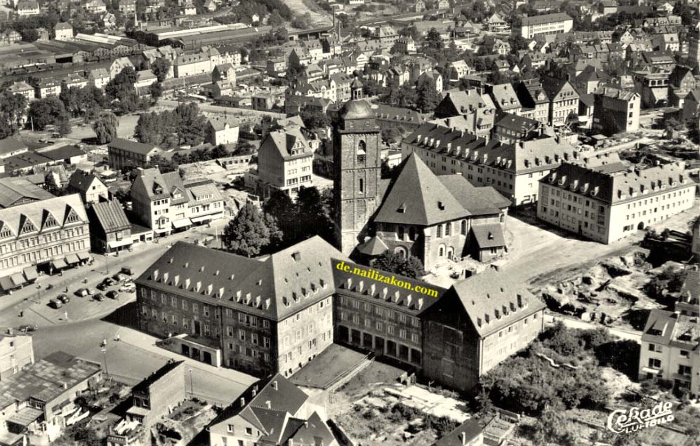Siegen. Panorama der Stadt, Rathaus und Nicolaikirche, 1955