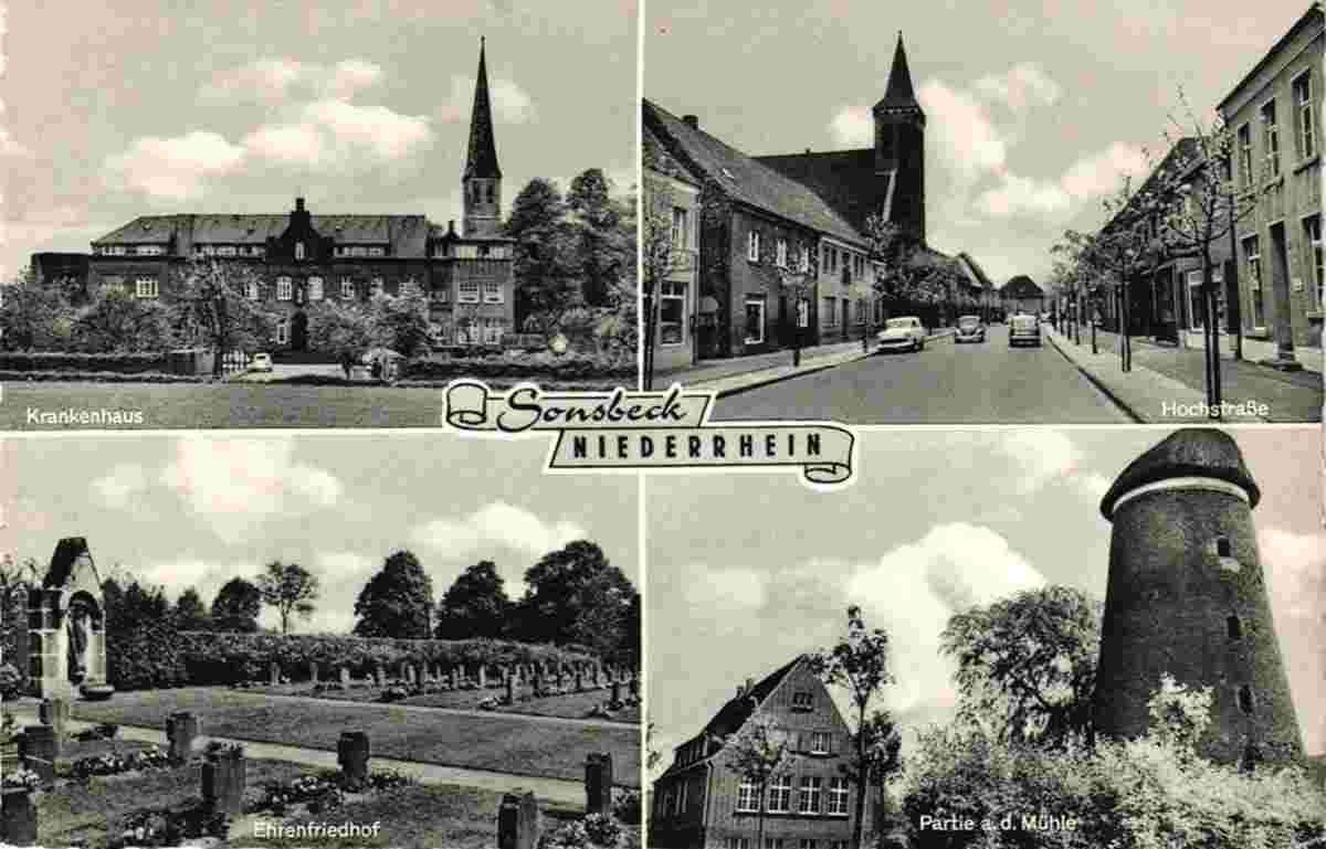 Sonsbeck. Krankenhaus, Hochstrasse, Ehrenfriedhof, Mühle, 1959