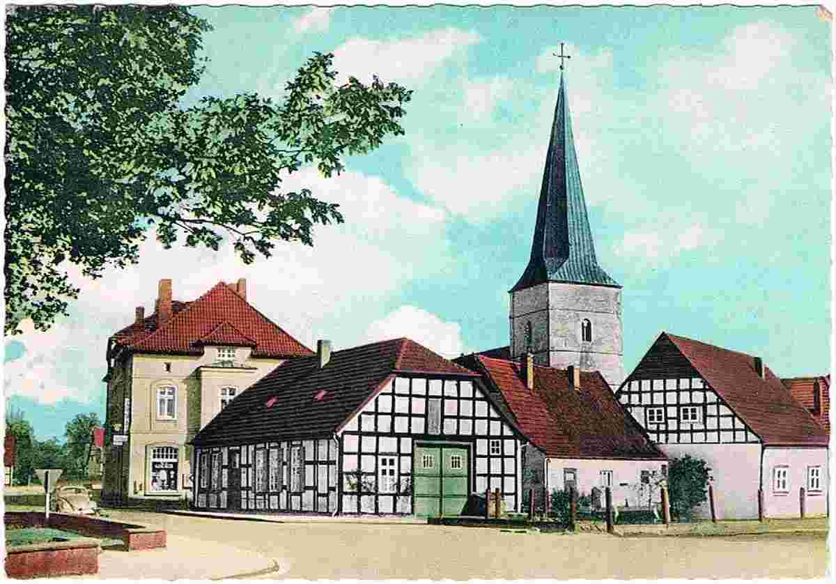 Stemwede. Dielingen - Mühlenplatz mit Kirche, 1962