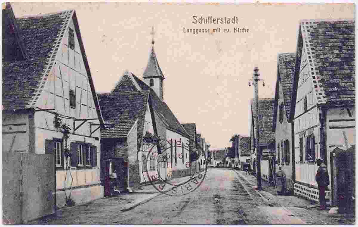 Schifferstadt. Langgasse mit evangelische Kirche, 1912