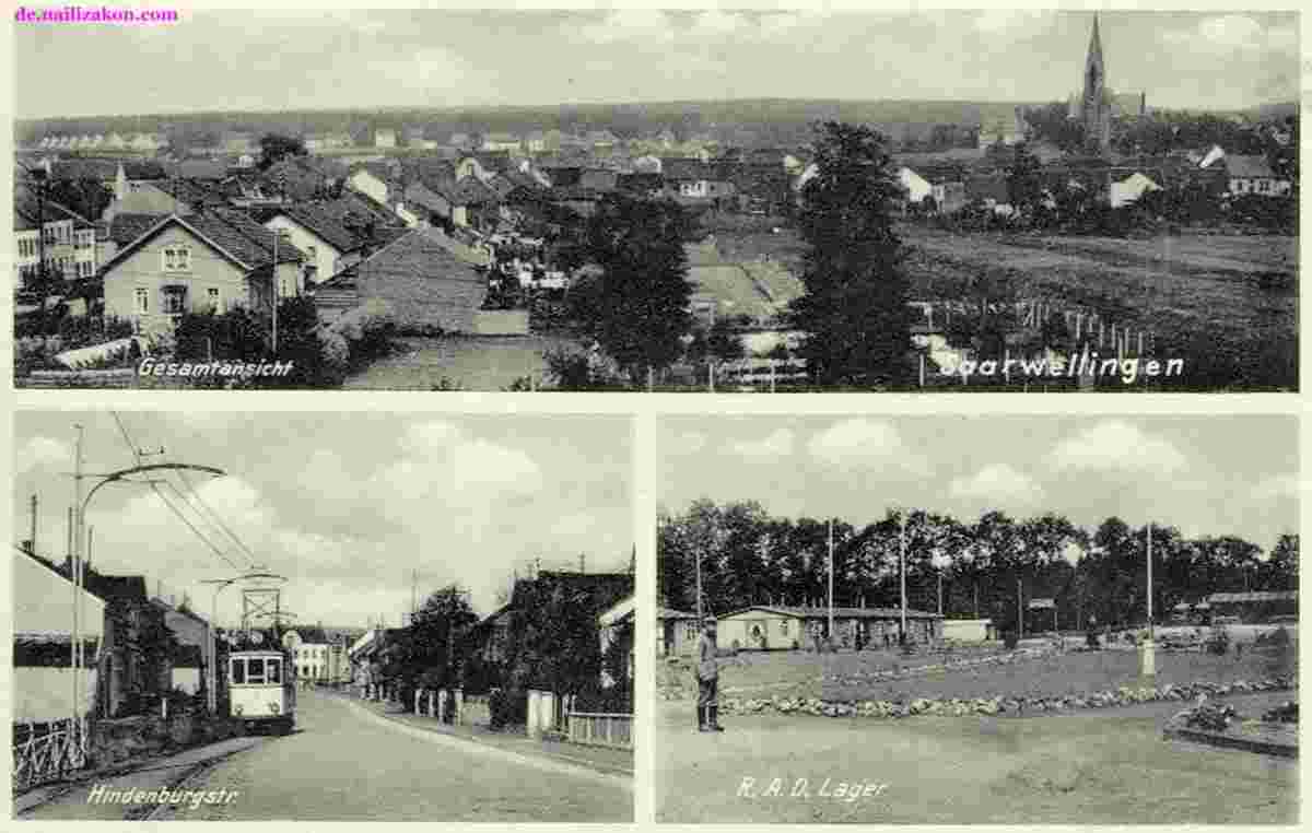 Panorama von Saarwellingen, Straßenbahn und R.A.D. Lager, 1939