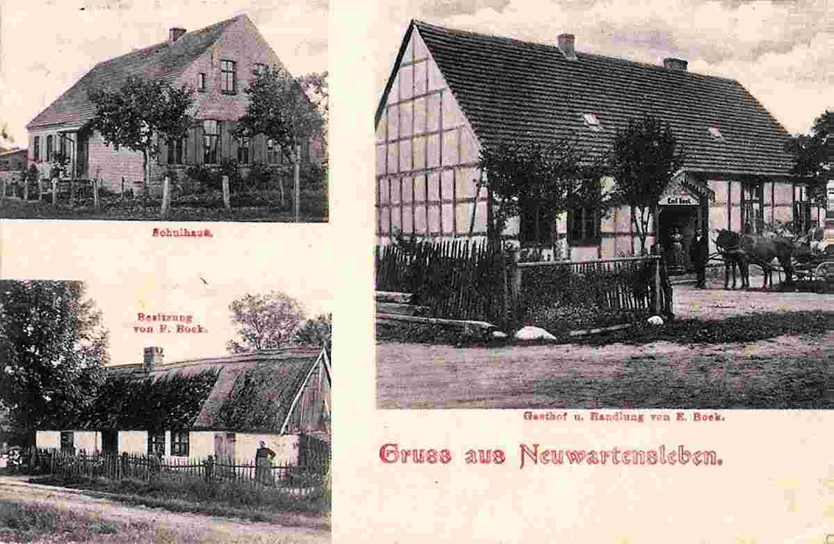 Schollene. Neuwartensleben - Schulhaus, Gasthof und Handlung von Emil Bock, 1906