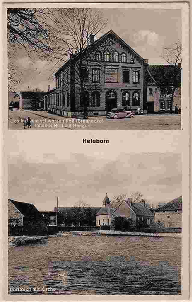 Selke-Aue. Heteborn - Gasthof zum schwarzen Roß (inhaber Helmut Hempel) und Dorfteich mit Kirche, 1942
