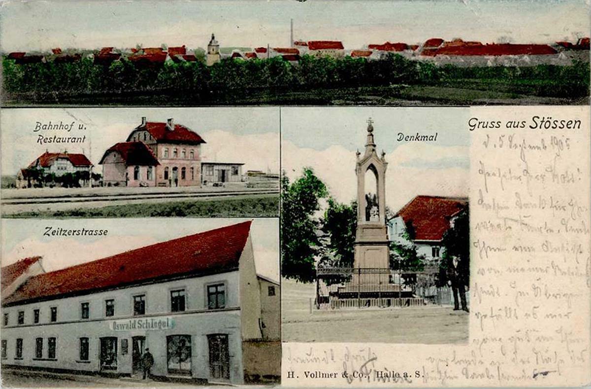 Stößen. Bahnhof mit Gasthaus, Denkmal, Zeitzer Straße