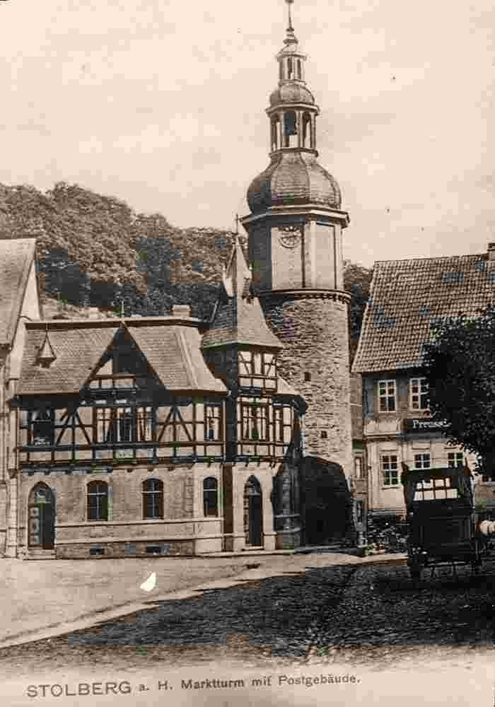 Südharz. Stadt Stolberg - Marktturm mit Postamt, 1909